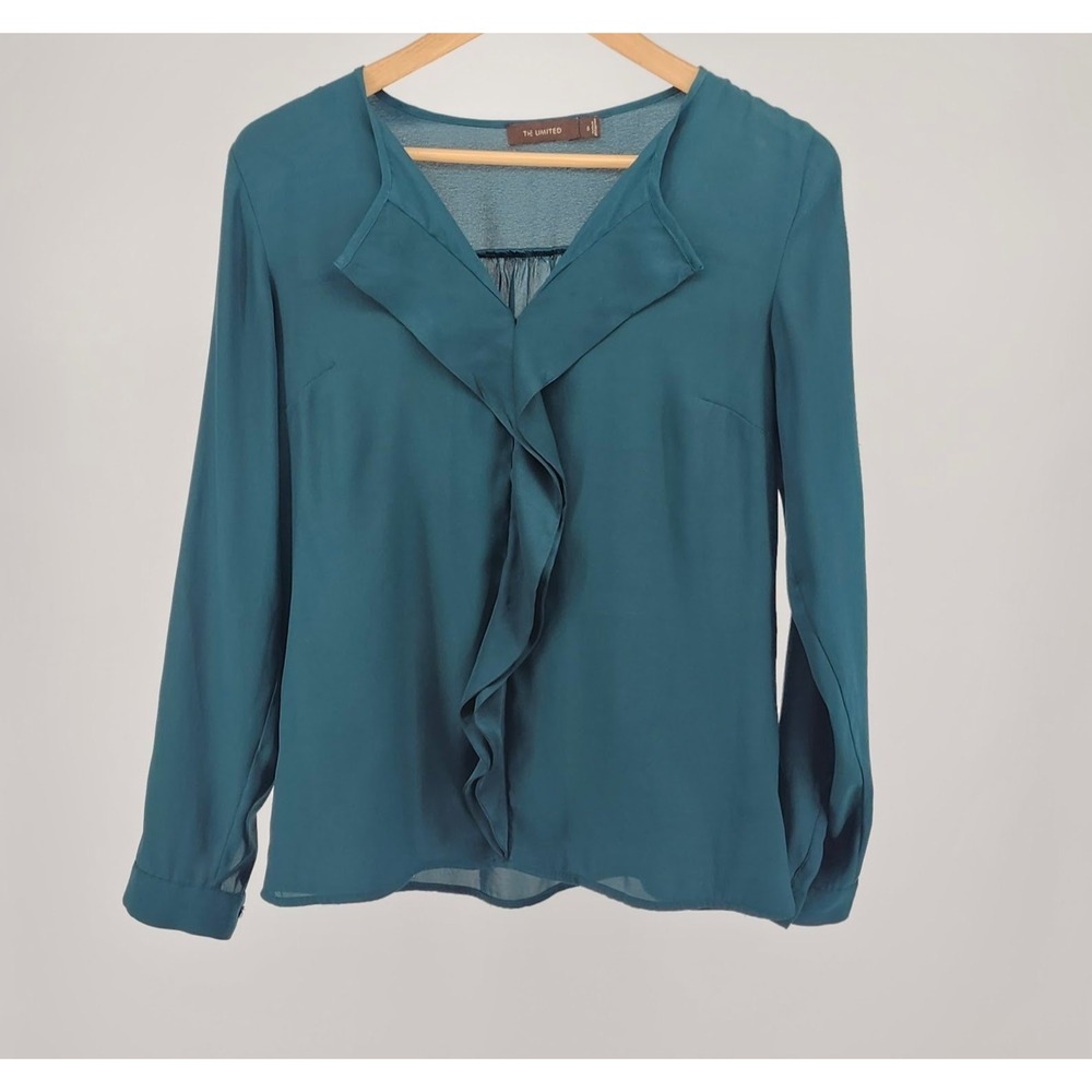 The Limited Green Ruffle Front V-Neck Long Sleeve Blouse Top Womens Small